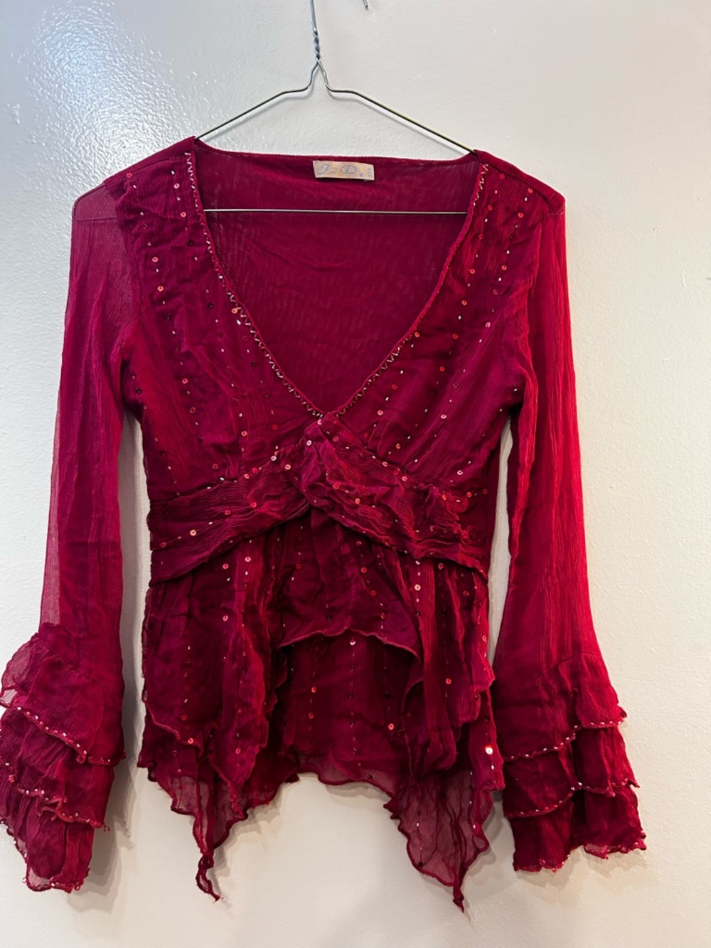 Embellished Ruffled V-Neck Blouse - Deep Wine